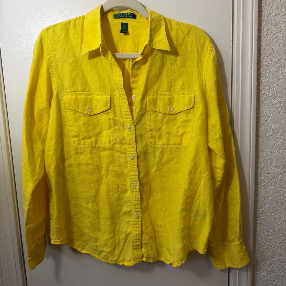 Lauren Ralph Lauren Yellow 100% Linen Button Up Shirt Long Sleeve